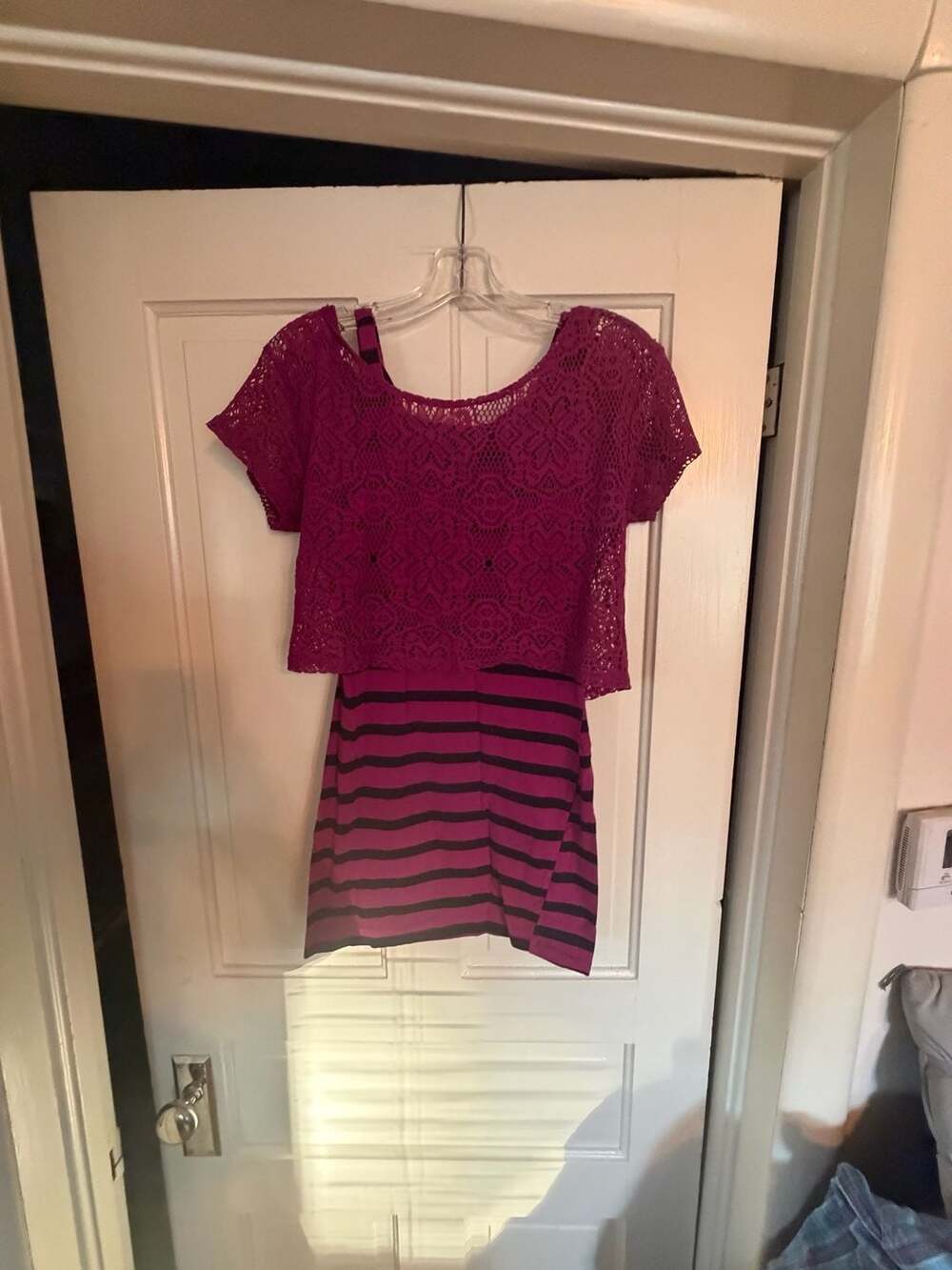 Self Esteem Women's Striped Bodycon Dress with Crochet Lace Overlay